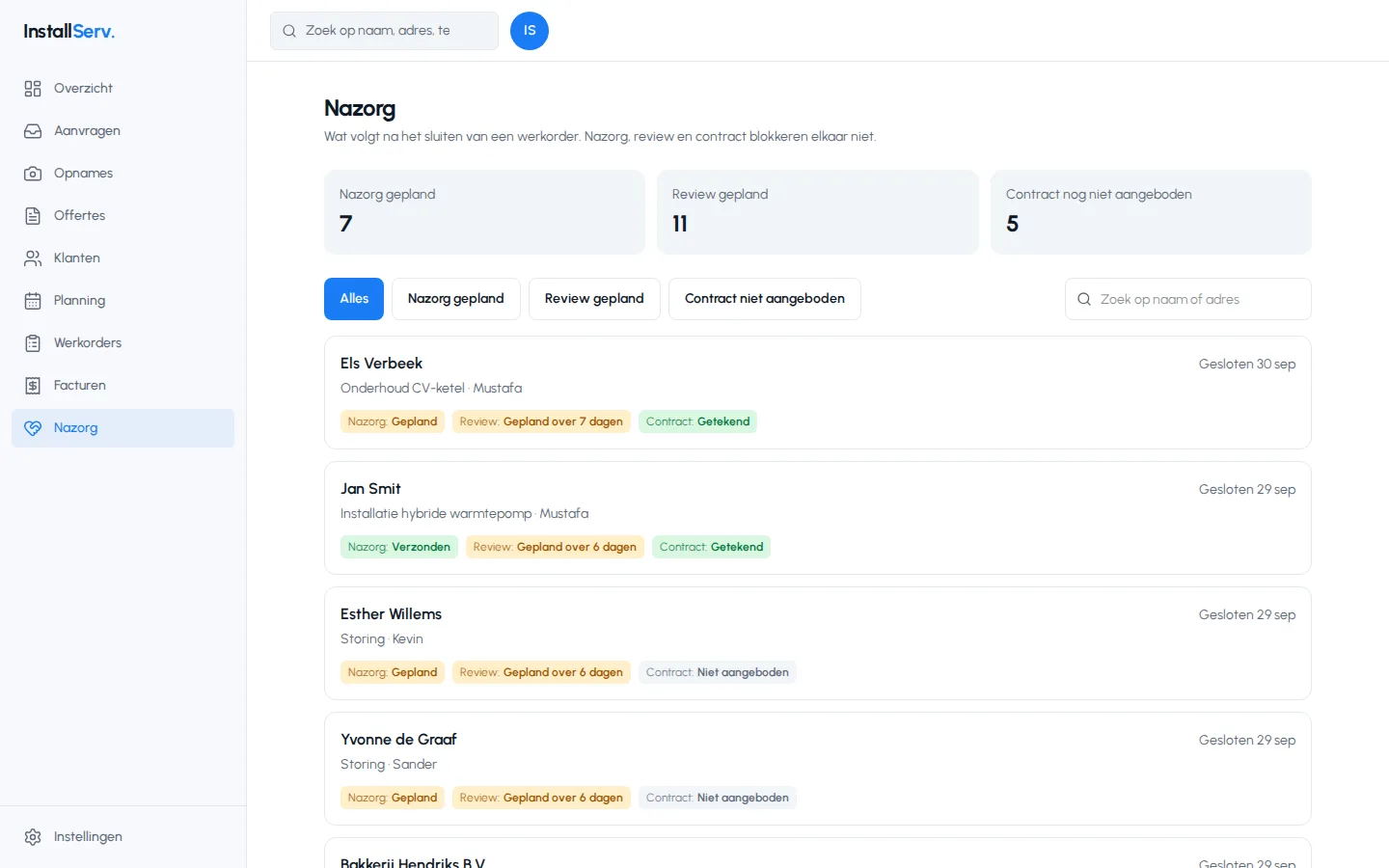 Scherm Nazorg in de InstallServ app