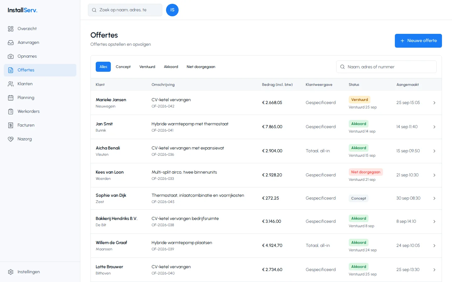 Scherm Offertes in de InstallServ app