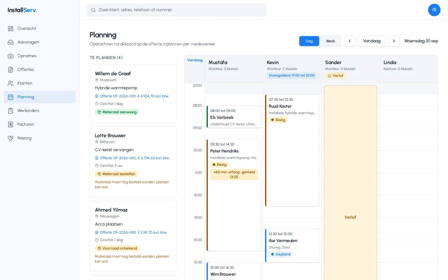 Scherm Planning in de InstallServ app