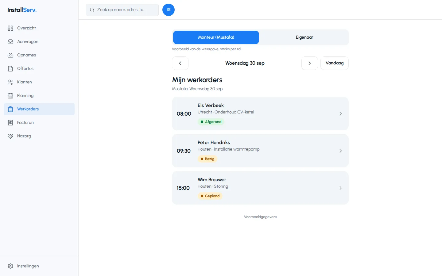 Scherm Werkorders in de InstallServ app